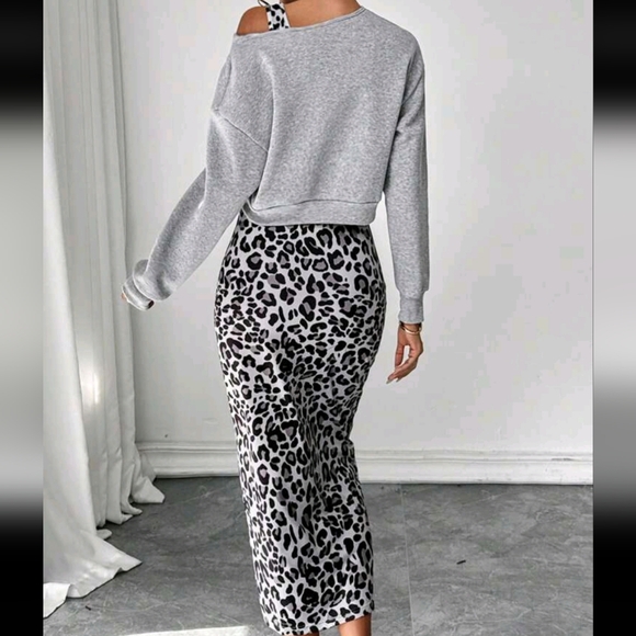 2pcs/Set Leopard Heart Print Hoodie With Form-Fitting Dress, Elegant - Picture 2 of 4